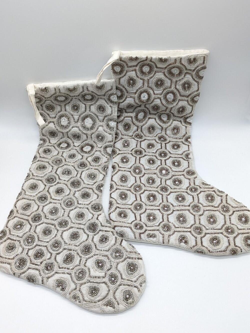 Christian Siriano White Silver Beaded Lined Christmas Holiday Stocking Set Of 2